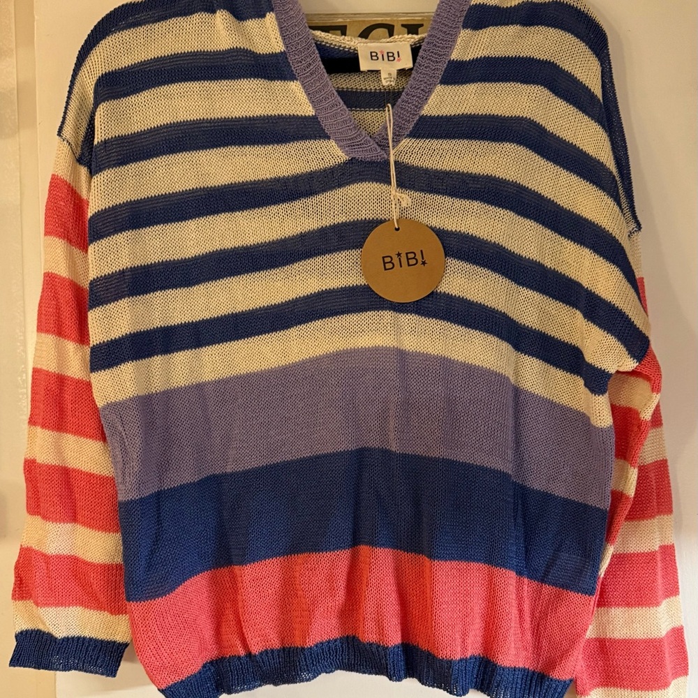 BiBi V-Neck Sweater with Blue, Pink, and White Stripes